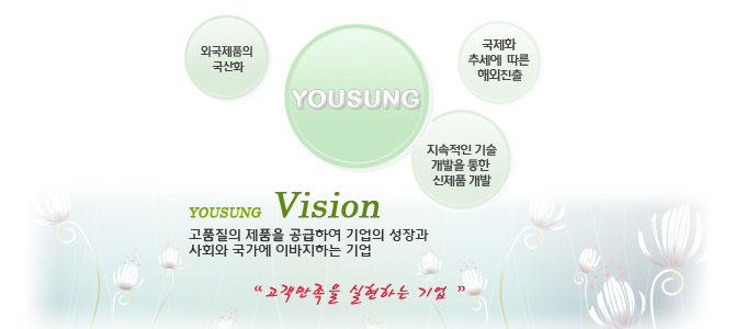 외국제품의 국산화, 국제화 추세에 따른 해외진출, 지속적인 기술 개발을 통한 신제품 개발, 고품질의 제품을 공급하여 기업의 성장과 사회와 국가에 이바지 하는 기업, 고객만족을 실현하는 기업